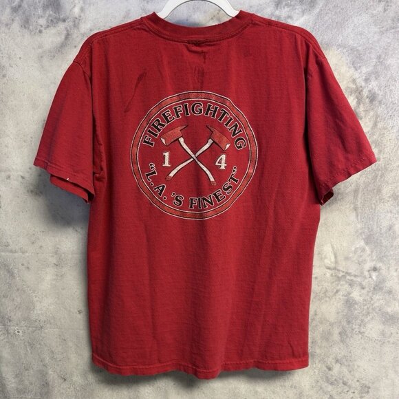 Vintage Los Angeles Fire Fighter T Shirt Mens Medium Red Short Sleeve Y2K - Picture 1 of 13